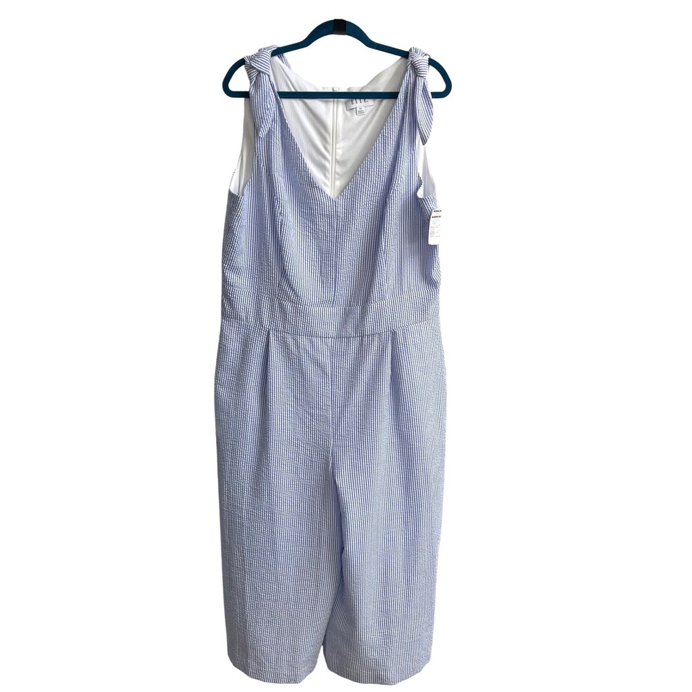 Elle Seersucker Striped Jumpsuit XXL Blue White Tie Shoulder Wide‎ Leg NWT